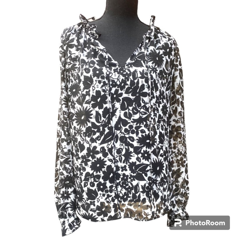 Boden Semi Sheer Floral Ruffle long sleeve Blouse Black‎ White sz 8